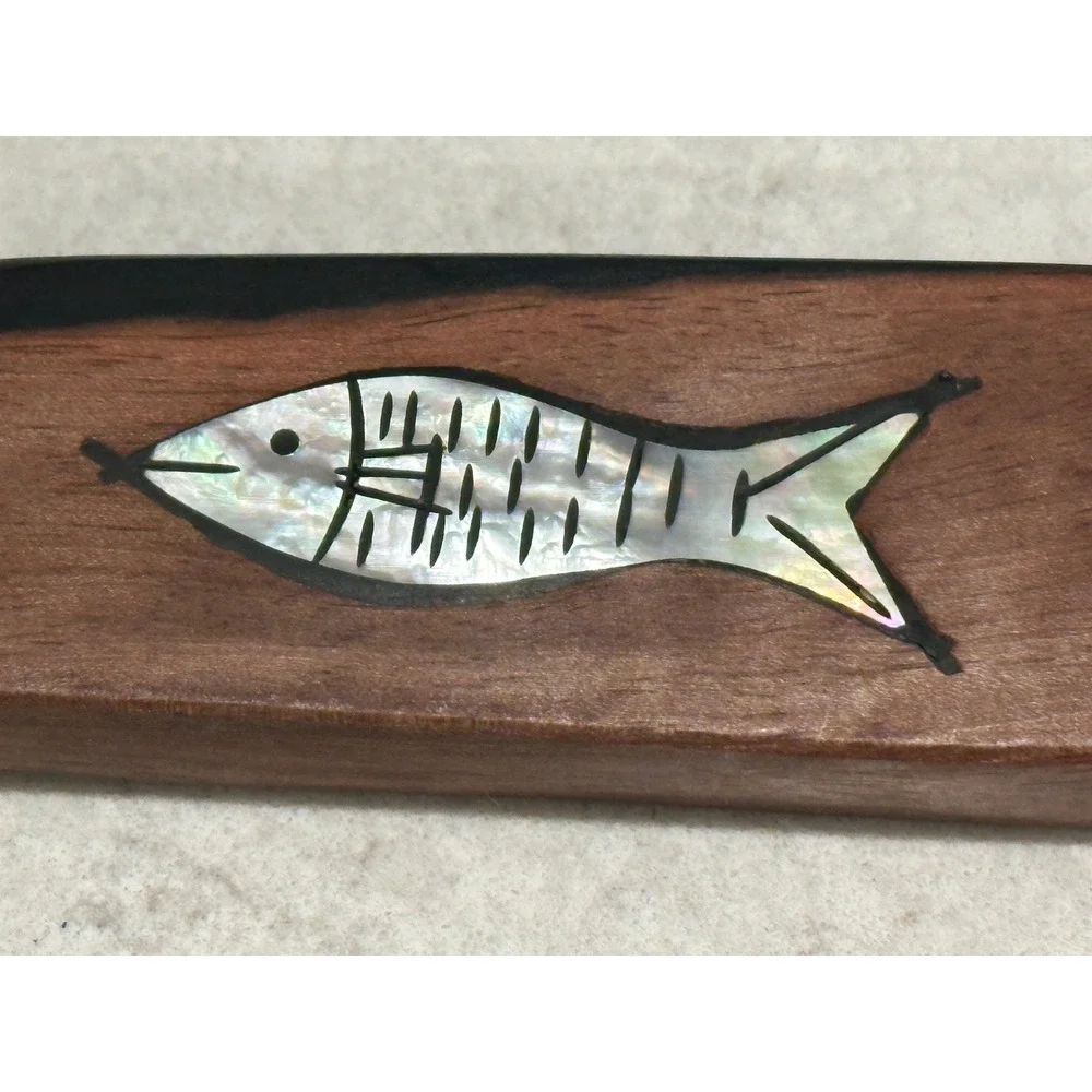 Handcrafted Two Tone Wood Serving Spoon Mother of Pearl Fish Inlay Bamboo Handle